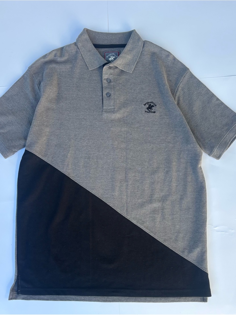 Beverly Hills Polo Club gray/black diagonal color block polo shirt